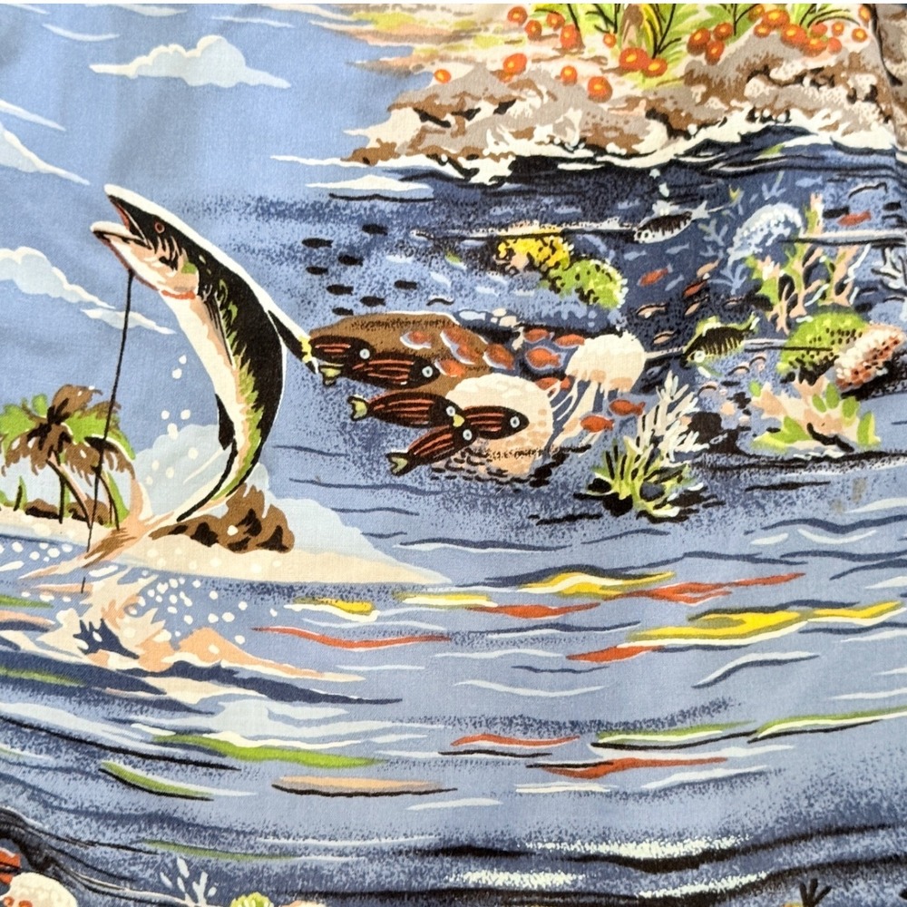 Reyn Spooner VIntage Y2K Hawaiian Fishing Print 7" Swim Board Shorts, Blue, M - Picture 7 of 9